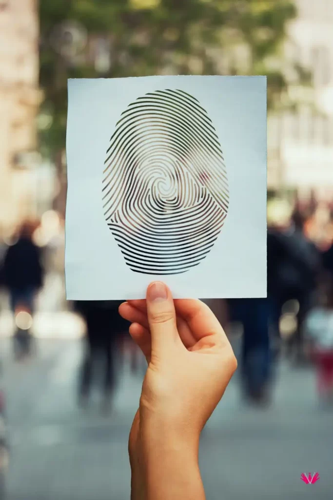 Cambio de Nombre o Apellido 1 Persona sosteniendo una hoja con una huella digital, simbolizando la identidad legal y el proceso de cambio de nombre o apellido en Perú.
